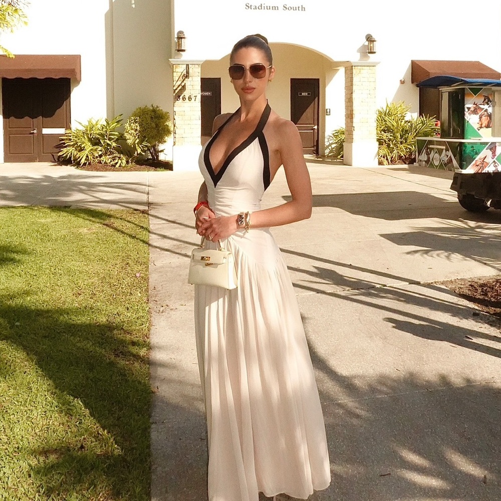 Fashion Nova Cream Maxi Halter Dress with Black Trim